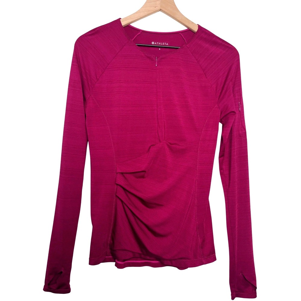 Athleta‎ Long Sleeve Athletic Top Magenta Ruched Quarter Zip Thumbholes Size S